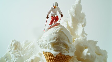 A skier descends a mountain made of ice cream, blending adventure sports with imaginative food art in a whimsical scene.