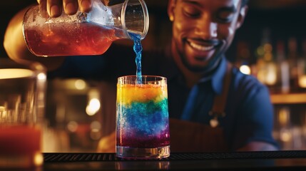 Obraz premium Smiling bartender expertly pouring a vibrant, layered rainbow cocktail in a lively bar setting, showcasing colorful beverage creation.