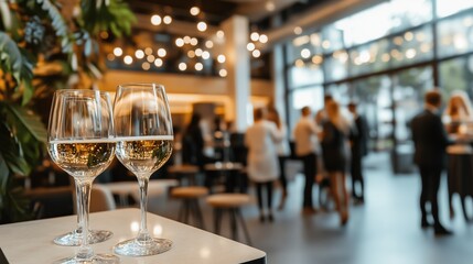 Two wine glasses at an elegant social event with attendees mingling in a stylish, modern setting.