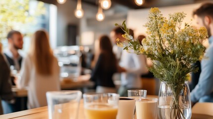 A lively cafe scene with people socializing in the background and a bright floral arrangement in the foreground.