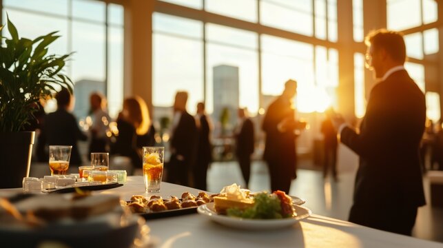 Sophisticated evening networking event with refreshments, socializing professionals, and warm lighting creating an inviting atmosphere.