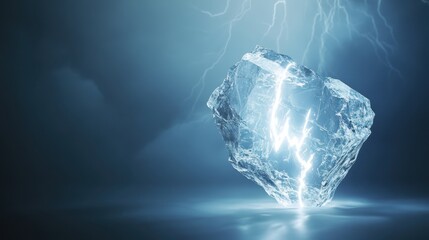 Fototapeta premium A glowing, cracked ice heart illuminated by electric blue lightning against a dark backdrop, symbolizing power and fragility.