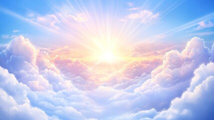 Beautiful sunrise with golden rays shining through fluffy clouds.