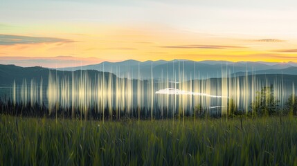 Sound waves radiating across a serene landscape, symbolizing the interconnectedness and harmony of natural and auditory elements.