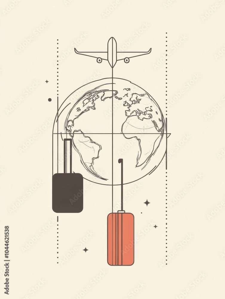 Poster A globe is depicted with an airplane flying above it and two suitcases hanging below, symbolizing the essence of international travel. Generative AI