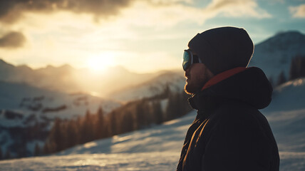 Fototapeta premium Snowboarder gazing at a stunning sunset over snowy mountains in winter wonderland