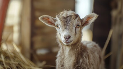 Obraz premium Young goat kid with blurred barn backdrop showcasing intricate details on its head