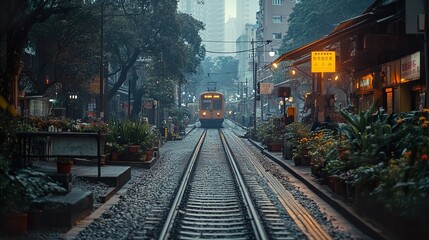 Fototapeta premium Train Tracks Through a Misty City Street