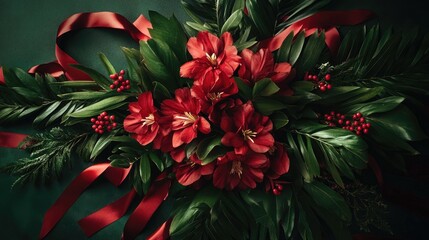 A cluster of vibrant red blooms adorned with lush green foliage and decorative red ribbons