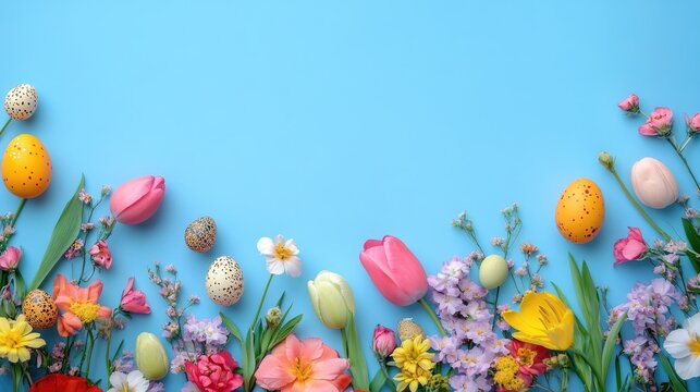 Easter themed border featuring vibrant spring flowers and colorful quail eggs against a blue background Ideal for springtime and holiday related designs with ample copy space Top view
