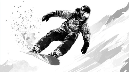 A snowboarder gliding down a snowy slope against a bright winter backdrop in the mountains