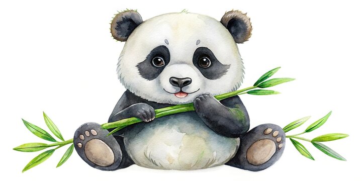 watercolor panda eating bamboo, white background clip art preview