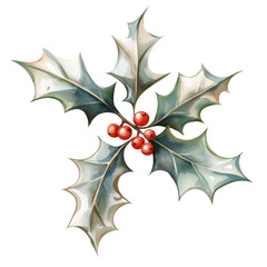 A festive holly branch with spiky green leaves and bright red berries, symbolizing winter and Christmas cheer.