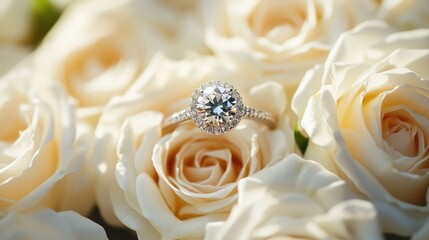Diamond Ring Nestled Among White Roses
