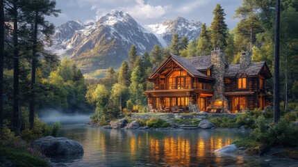 Fototapeta premium Scenic mountain lodge with rustic architecture and panoramic views. Featuring a charming and relaxing retreat. Highlighting nature and mountain landscapes. Ideal for travel and lifestyle magazines.