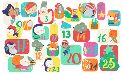 Cute Cartoon Advent Calendar with Funny Animals and Christmas Elements