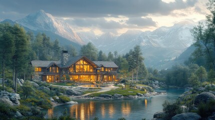 Fototapeta premium Scenic mountain lodge with rustic architecture and panoramic views. Featuring a charming and relaxing retreat. Highlighting nature and mountain landscapes. Ideal for travel and lifestyle magazines.