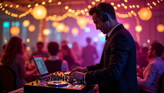 DJ playing music with excitement at a corporate event with colorful lighting
