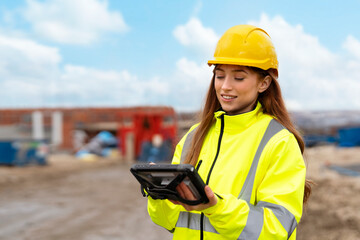 A construction worker in a yellow hard hat and reflective jacket monitors progress on a tablet at a building site