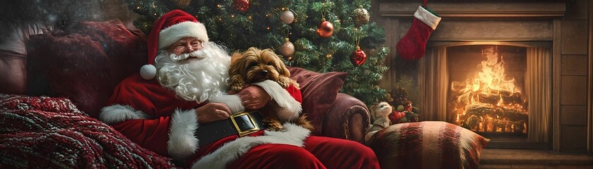 A warm indoor scene of Santa Claus cuddling pets on a sofa.