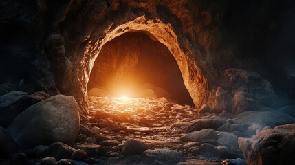 Illuminated rocky cave symbolizing the empty tomb of a religious figure set in a serene atmosphere after the crucifixion