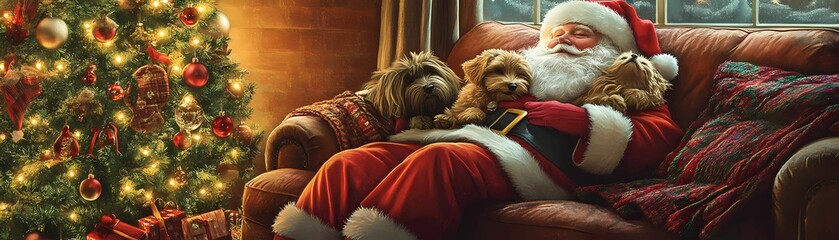 A warm indoor scene of Santa Claus cuddling pets on a sofa.