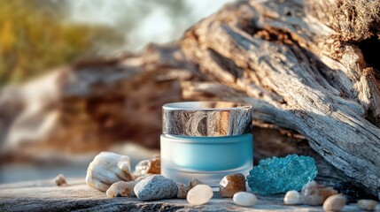 Cosmetic gel products natural gemstones and a weathered tree snag Concept of beauty and skincare
