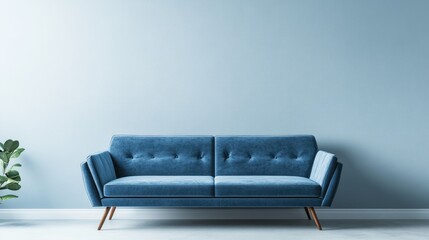 Fototapeta premium Dusty blue sofa against a bare wall Contemporary monochrome interior ideal for mockup wall art display Promotional background with ample copy space