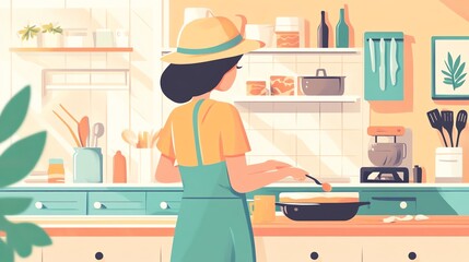 Woman cooking in a modern kitchen, vibrant colors, cozy atmosphere, focus on preparation and meals.