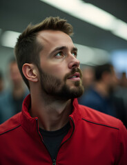 Obraz premium Man wears red jacket looking up at something in the distance with a thoughtful expression on his face.