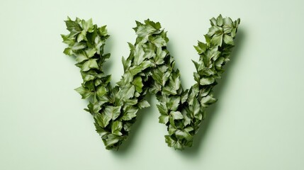 Nature inspired alphabet formed by green leaves in the shape of the letter W