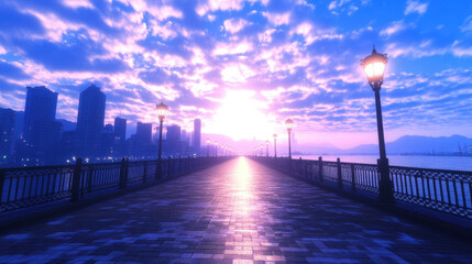 Fototapeta premium stunning sunset illuminates city skyline, casting vibrant glow over pier. tranquil scene evokes sense of peace and wonder as light reflects on water