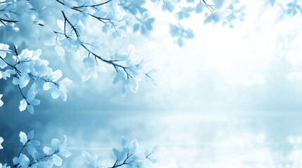 Obraz premium serene winter scene featuring frosted branches with delicate leaves, reflecting softly on tranquil body of water. cool blue tones evoke peaceful and calm atmosphere