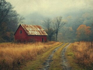 Red Barn in a Foggy Field - Autumn Landscape Photography