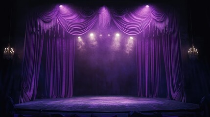 A stage adorned with purple curtains and illuminated by spotlights evoking an air of mystery and drama