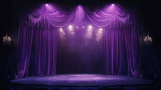A stage adorned with purple curtains and illuminated by spotlights evoking an air of mystery and drama