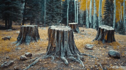 Fossilized tree stumps in a forest setting showcasing petrified wood
