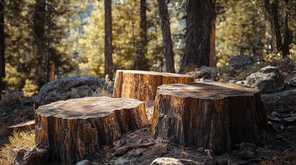 Fossilized tree stumps in a forest setting showcasing petrified wood