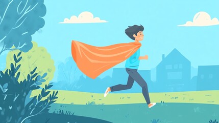 A boy in a superhero costume running joyfully in a park with vibrant nature around him.