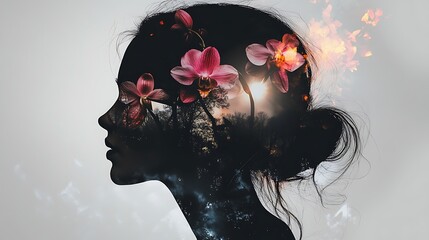 A girl's side profile adorned with orchids, the flowers gently fading into a light background, soft natural light creating a peaceful, ethereal scene, hd quality, cinematic softness.