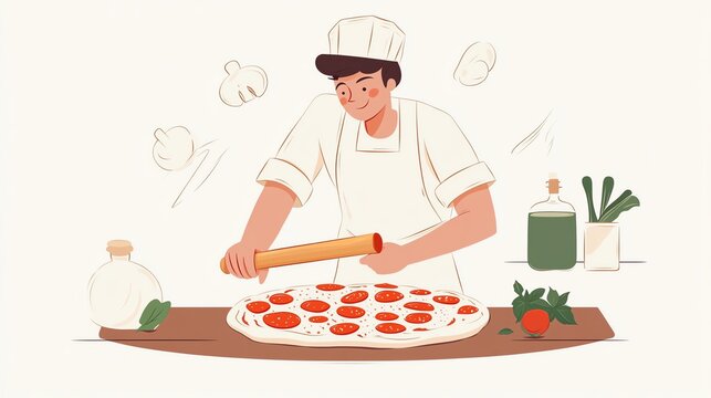 A chef skillfully rolls pizza dough with toppings, immersed in a culinary creation.