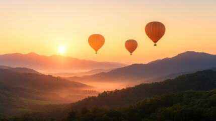 Fototapeta premium Breathtaking hot air balloons float gracefully over serene mountains at sunrise, creating picturesque scene filled with tranquility and adventure