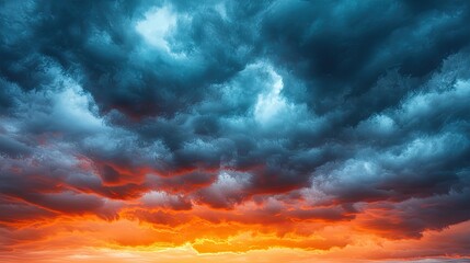 Obraz premium A dramatic sunset illuminates stormy clouds, blending vibrant oranges and deep blues in a captivating sky scene.