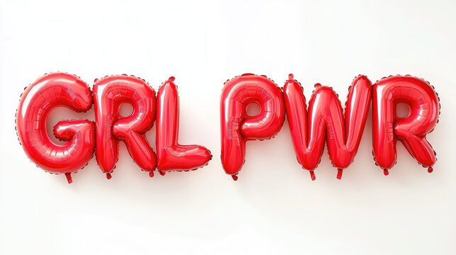 Red inflatable helium balloons forming the phrase GRL PWR on a white background showcasing the feminist slogan with a vibrant balloon font ideal for party decorations