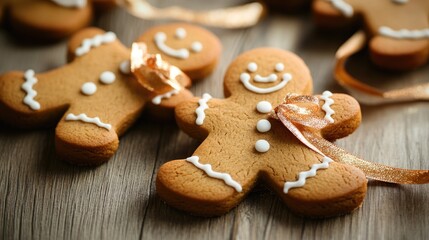 Gingerbread cookies adorned with ribbon placed on a wooden tabletop