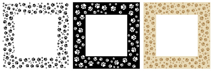 Pet paw print square frame collection. Cute borders different style. Dog or cat footprint trail 