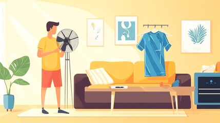 A person adjusting a fan in a cozy living room with colorful decor and a comfortable sofa.