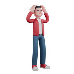 3D Cartoon Vocal Performer. A male singer stands with both hands holding his head. Music Character