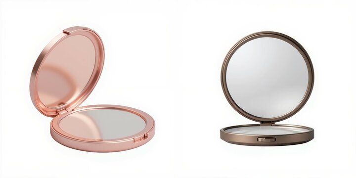 Stylish compact mirrors on white background