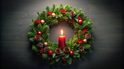 Symbolic Christmas decoration of symmetrical advent candle on wreath